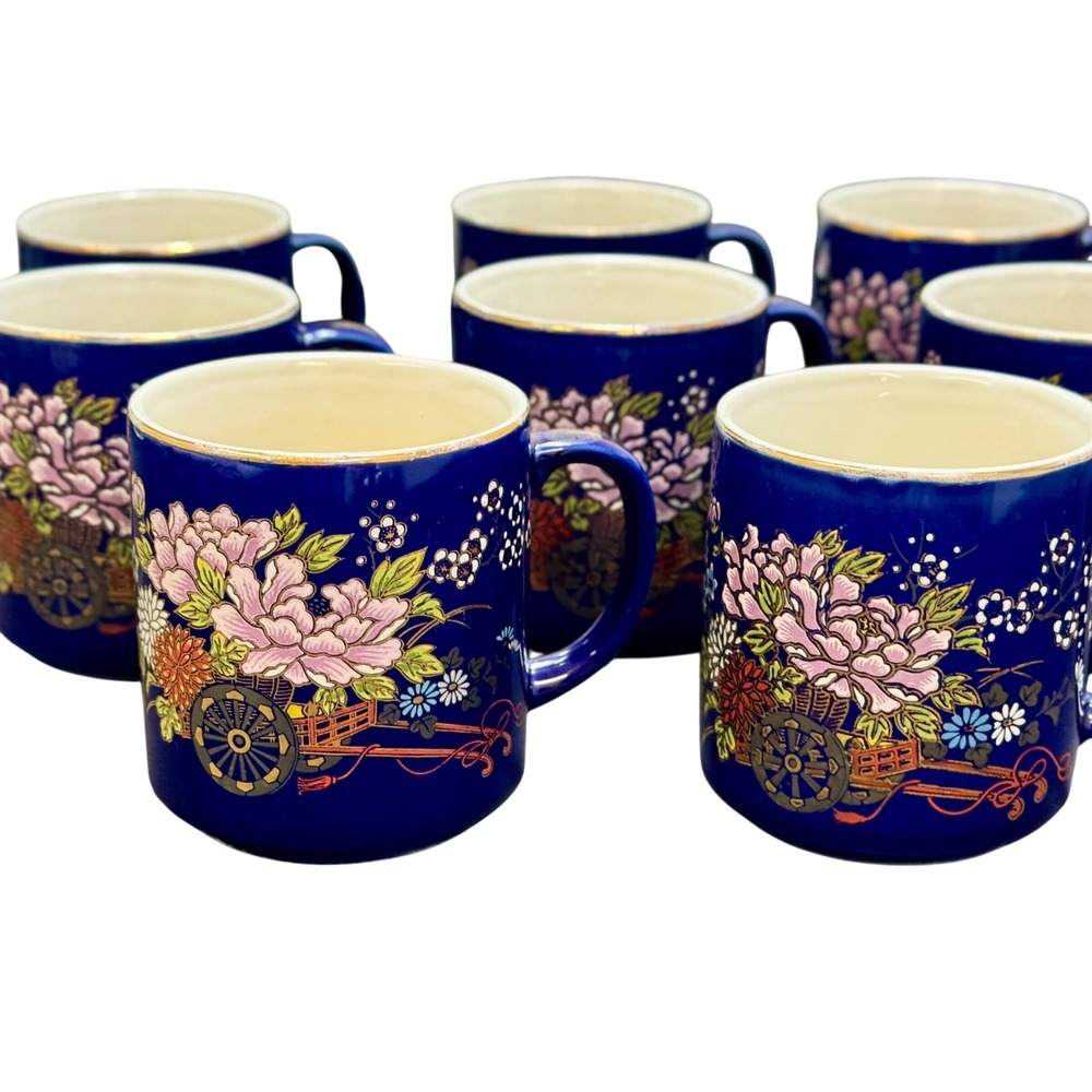 Vintage Heritage Mint Cobalt Blue floral‎ mugs Japan Set of 8 Eagle logo stamped